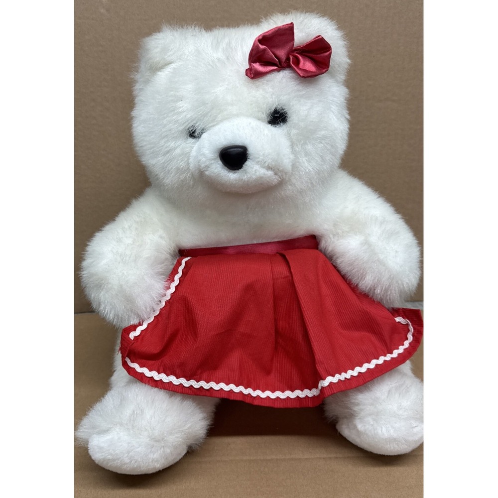 Vintage Shopko Holiday Bear White Fur with Red Apron Bow 14" sitting